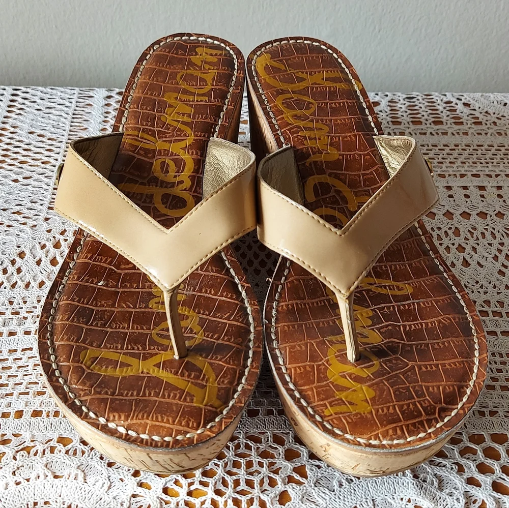 Sam Edelman Women Sandals Size 10 Romy Patent Leather Thong Comfort Wedge Heel - Picture 5 of 13